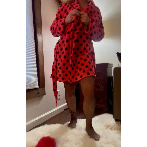 Victoria's Secret Bright PINK Women's XS Polka Dot Thick Soft Fleece Robe - Picture 3 of 16